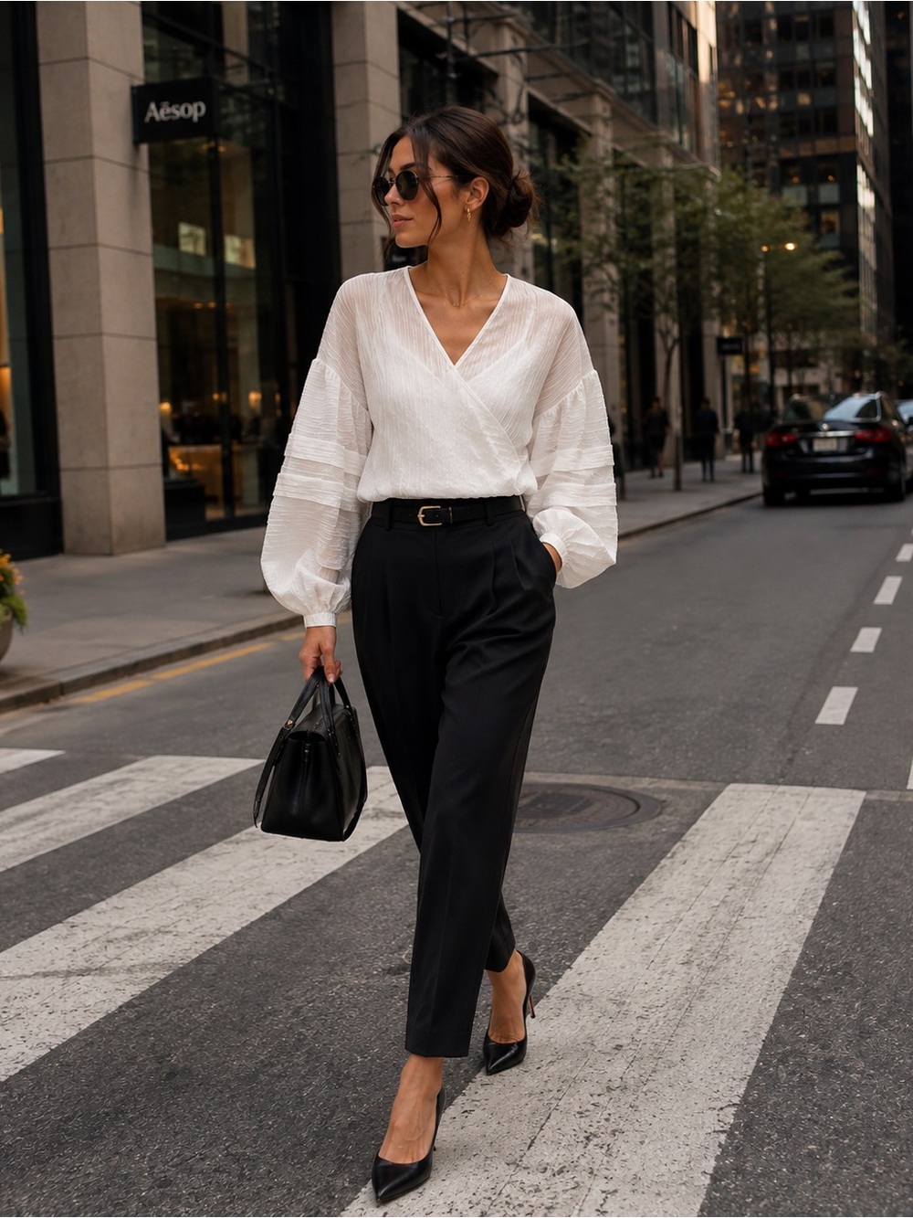Club Monaco White V-Neck Wrap-Style Textured Blouse